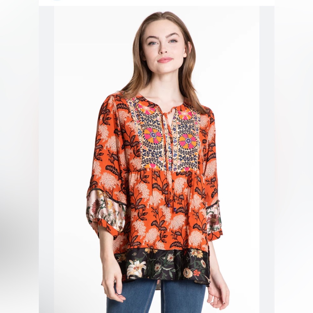 JOHN MARK Size M Floral Print V-Neck Tunic Embroidered Bubble Sleeve Mul…